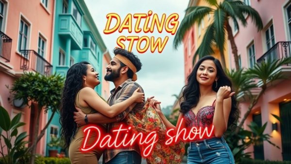 Colorful poster of LGBTQ+ dating show with diverse couples.