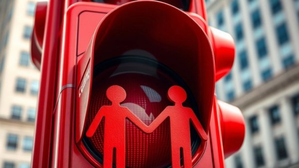 Traffic light showing red figures holding hands, symbolizing LGBTQ+ acceptance in America.