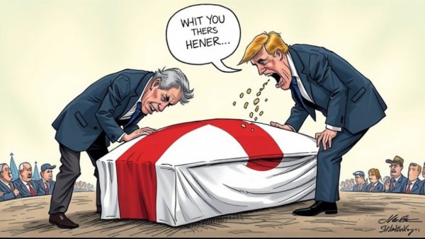 Political cartoon critiques patriotism with men over a flag-draped coffin.