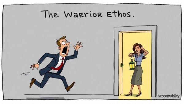 Cartoon on accountability with fleeing man and woman holding lantern