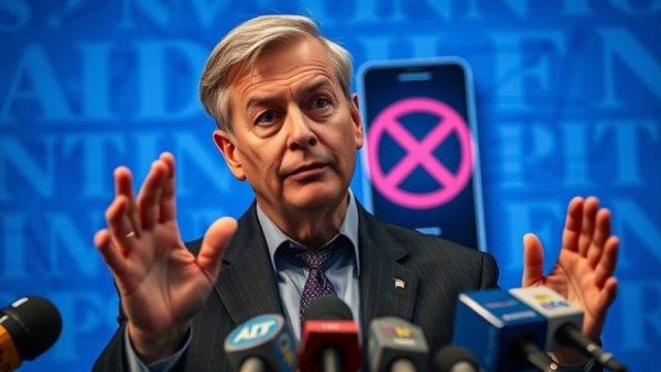 Politician discussing a social media ban for minors, prohibition sign, photorealistic.