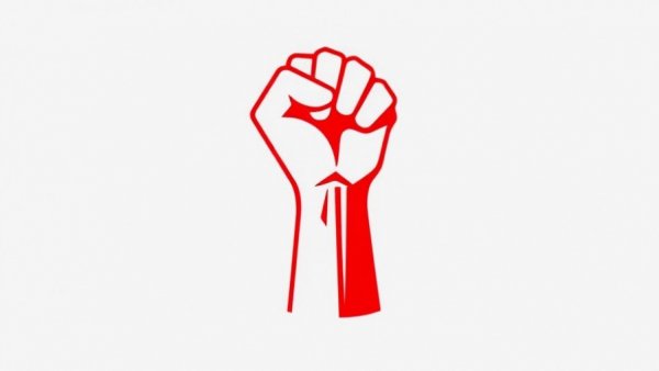 Conceptual red fist icon symbolizing unity and power
