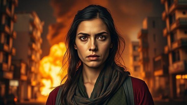 Iranian woman and fiery scene reflecting nationalism amid conflict.
