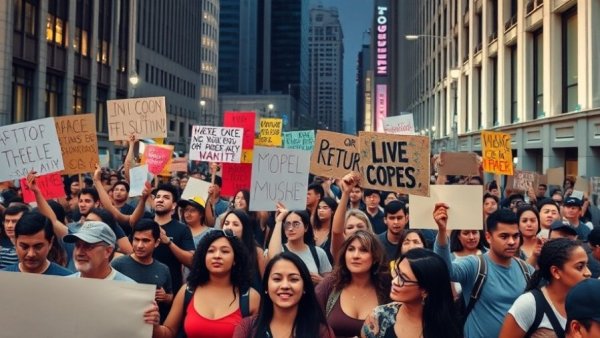 Peaceful protest news in America with diverse crowd and banners.