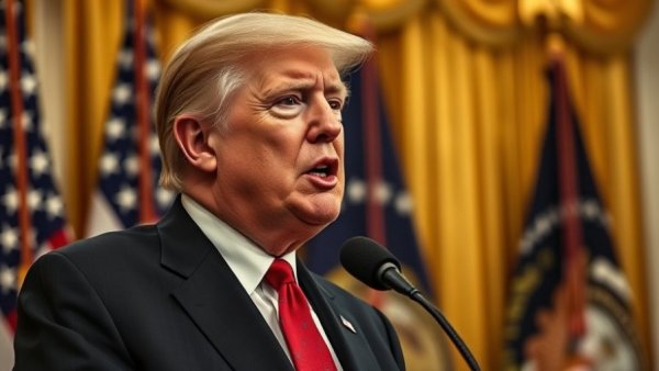 Presidential figure speaking at a podium with American flags.