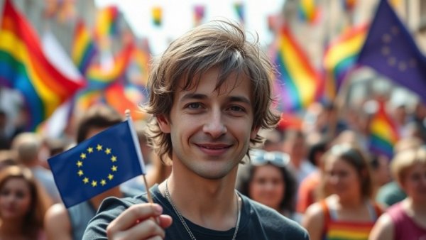 Celebratory scene with EU and pride flags, emphasizing gender marker changes are the law.