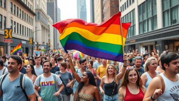 LGBTQ pride parade in NYC with diverse crowd celebrating.
