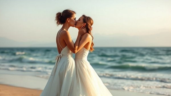 Two brides in white dresses kiss on a serene beach, LGBTQ+ love stories.