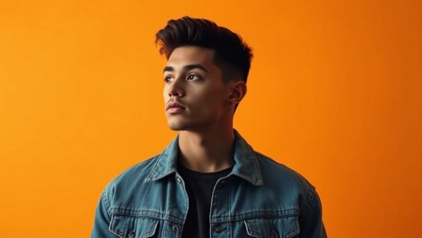 Stylish individual in denim jacket under warm orange lighting, Anjimile Music Outside of Capitalism.