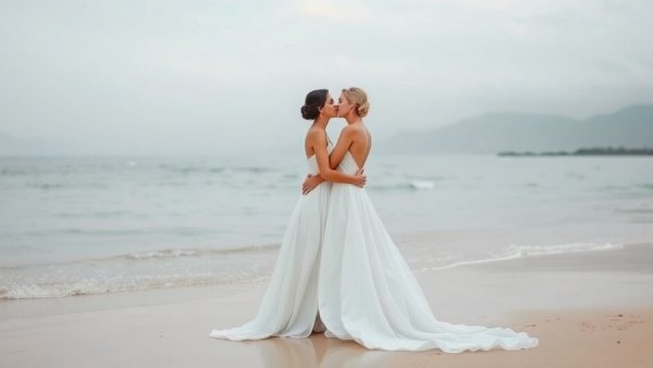 Mormon mission companions love story on a serene beach with elegant dresses.
