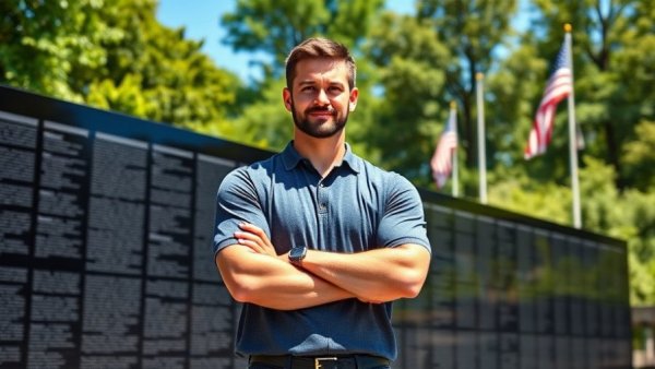 Confident man standing outdoors against a memorial wall, Tim Sheehy reckless behavior