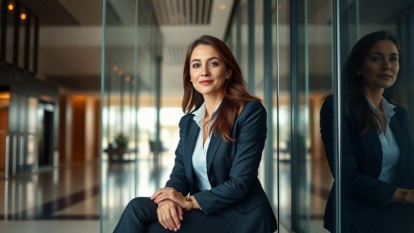 Professional woman in business setting, reflecting on glass