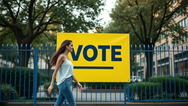 Women walking near vote sign during the Scarborough byelection.