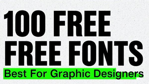 Bold typographic design about 100 free fonts for graphic designers on speckled background.