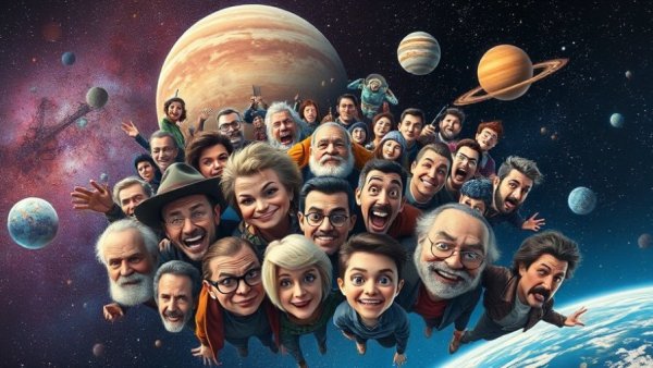 Humorous collage with pop culture icons in a cosmic theme.