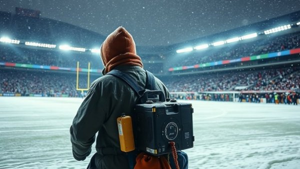 Snowy football stadium with worker, Chicago Bears moving to Indiana.