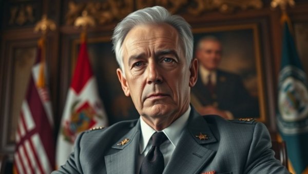 Serious male figure in suit in an official setting.