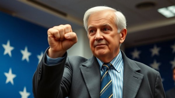 Older man in coat raising fist in political setting.