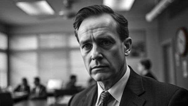Thoughtful man in suit in vintage office space, black and white.