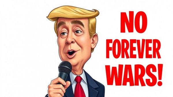 Cartoon of political figure with microphone, 'NO MORE FOREVER WARS!' text.