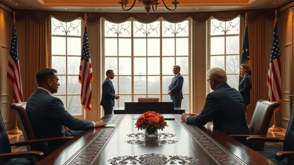 Officials discuss Trump Iran policies in conference room.