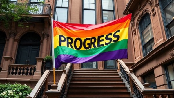 Progress Pride Flag on brownstone steps representing LGBTQ rights updates.