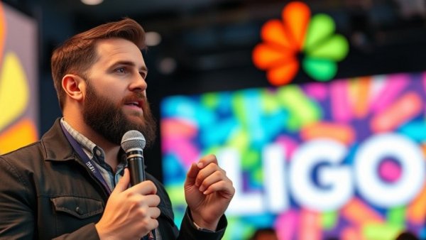 Bearded man speaking at an event with microphone, colorful backdrop.
