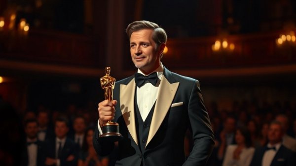 Man in tuxedo holding an Oscar at LGBTQ+ visibility at the Oscars.