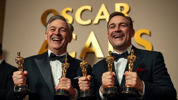 Two men joyously holding Oscars at a formal event. Montreal Oscar win animation.