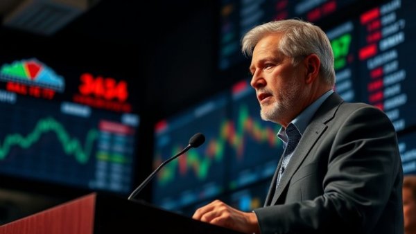 Man at podium with stock market display, Ford limits transparency law cellphone defeat.