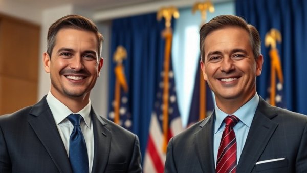 Two men in suits smiling, flags in background, latest US protest updates.