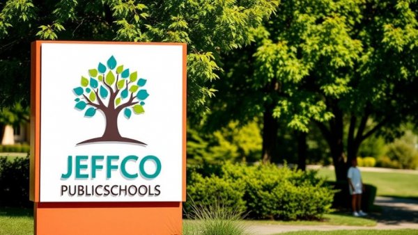 Modern school sign with colorful logo and trees in the background.