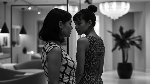 Cinematic photo of two women sharing an intimate moment in black and white.