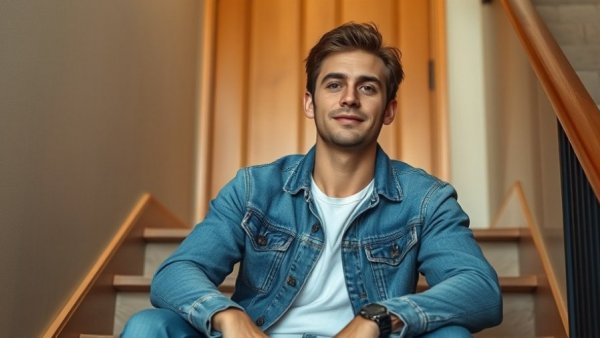 Man in denim jacket seated on stairs in relaxed pose.