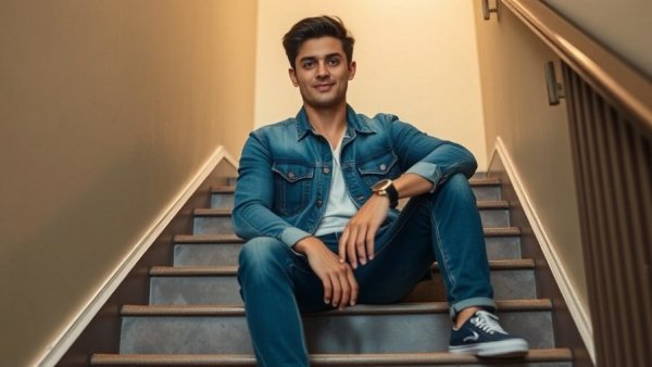 Casually dressed person in denim sitting on stairs, reflecting confidence in a stairwell.