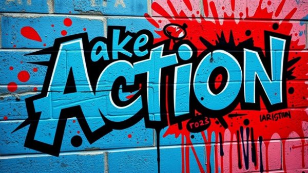 Graffiti text 'Take Action' with blue and red splatters.