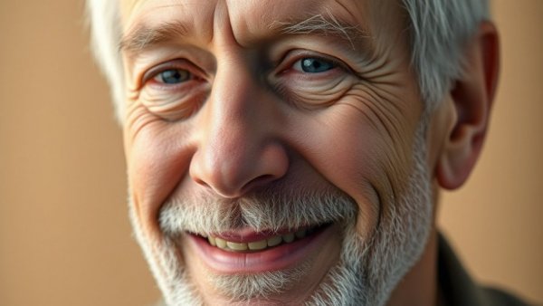 Close-up of smiling older man, photorealistic, warm lighting.