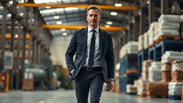 Doug Ford transparency controversy: Businessman walking in industrial warehouse.