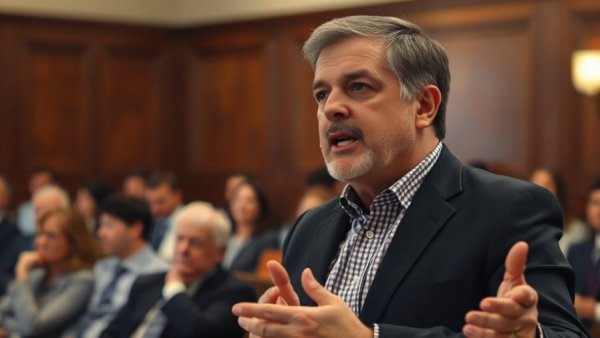 Professional discussing AI compensation for news media in formal setting.