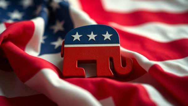 Republican logo on American flag background, political symbolism.