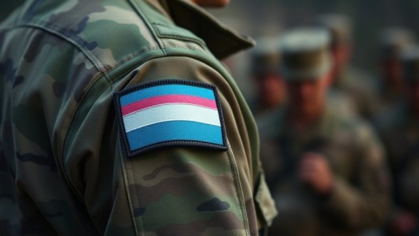 Military uniform with transgender pride patch, highlighting trans military ban justifications.