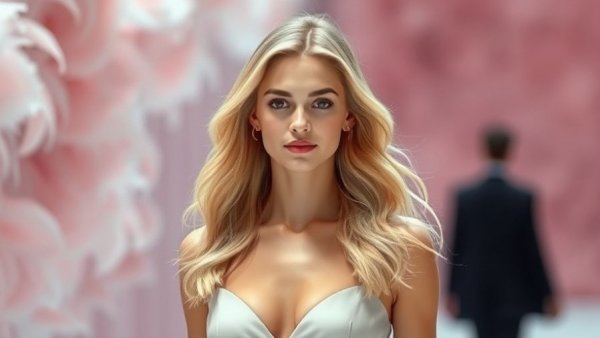 Elegant blonde woman walking on runway past pink feathers, LGBTQ+ film representation.