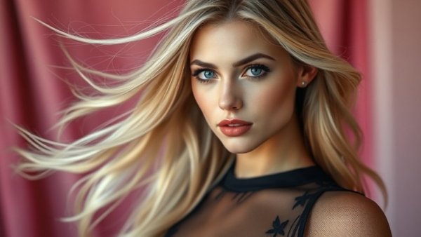 Model in a sheer black dress with blonde hair and pink background.