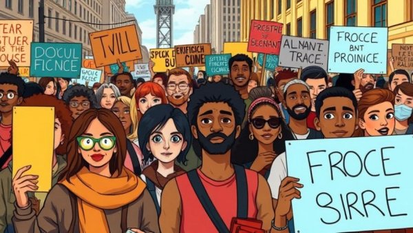 Illustration of diverse crowd of protesters with signs, cartoon style.