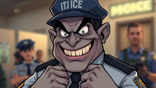 Cartoon ICE agent with monstrous smile, illustration.