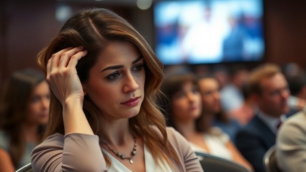 Woman at conference pensive expression adjusting hair indoor setting.