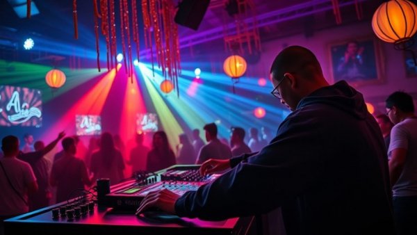 Vibrant Kyiv queer nightlife during wartime, club scene with DJ and colorful lights.