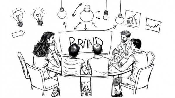 Sketch of a brand discovery workshop with brainstorming figures and symbols.