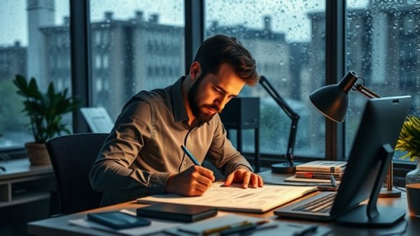 Focused graphic designer working late at a desk.