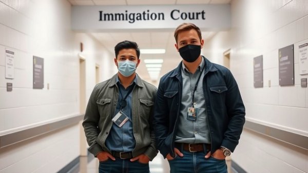 Two men with concealed faces in an immigration court hallway during current protests in US.